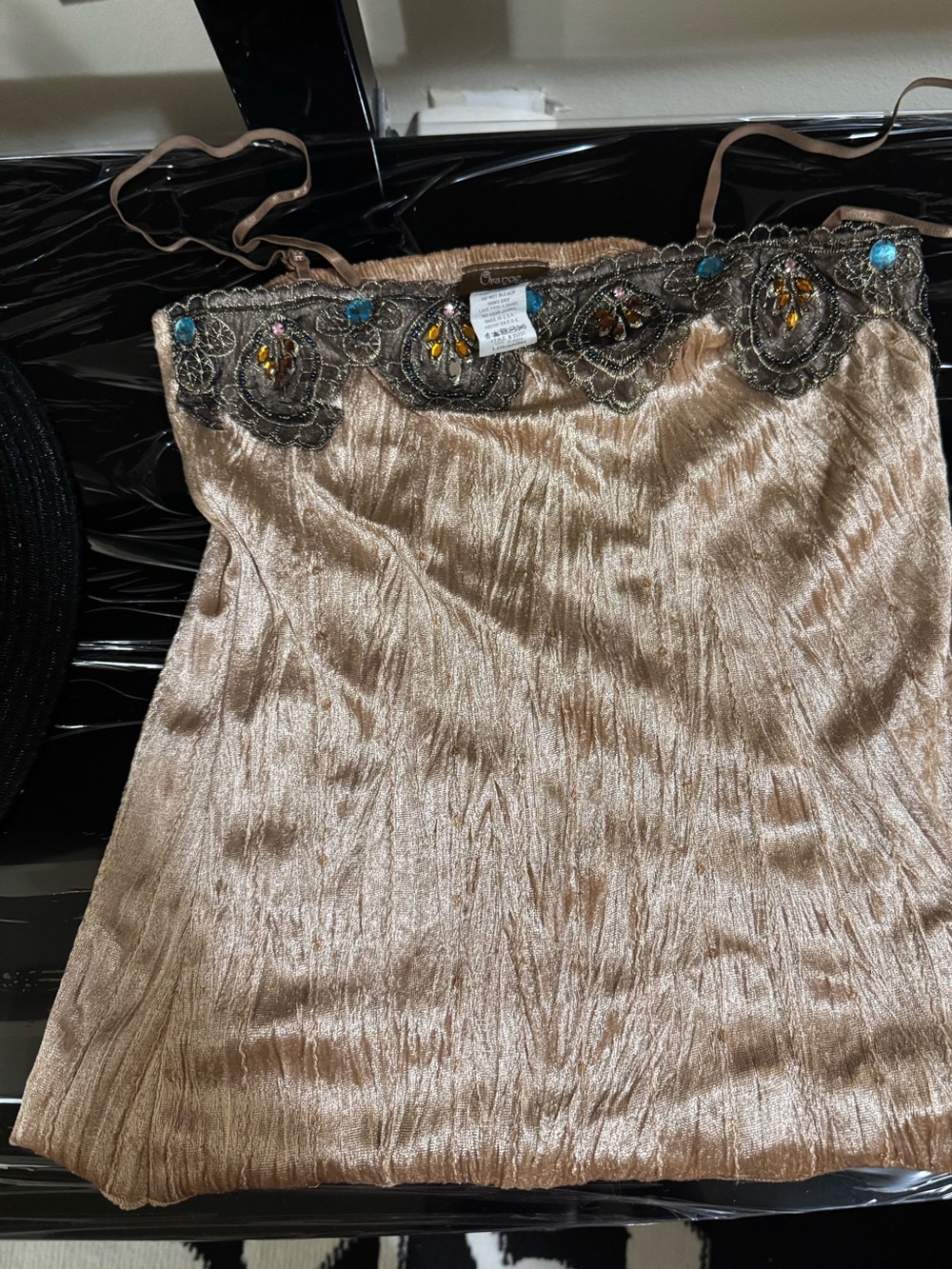Beaded Trim Satin-Look Cami Dress in Champagne